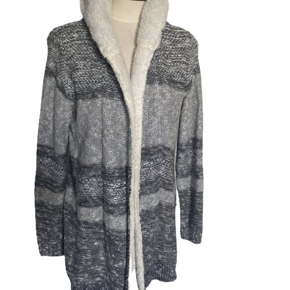 NWT LETY & ME Gray Striped Dockerie Sherpa Lined Hooded Cardigan sz L - Picture 3 of 8
